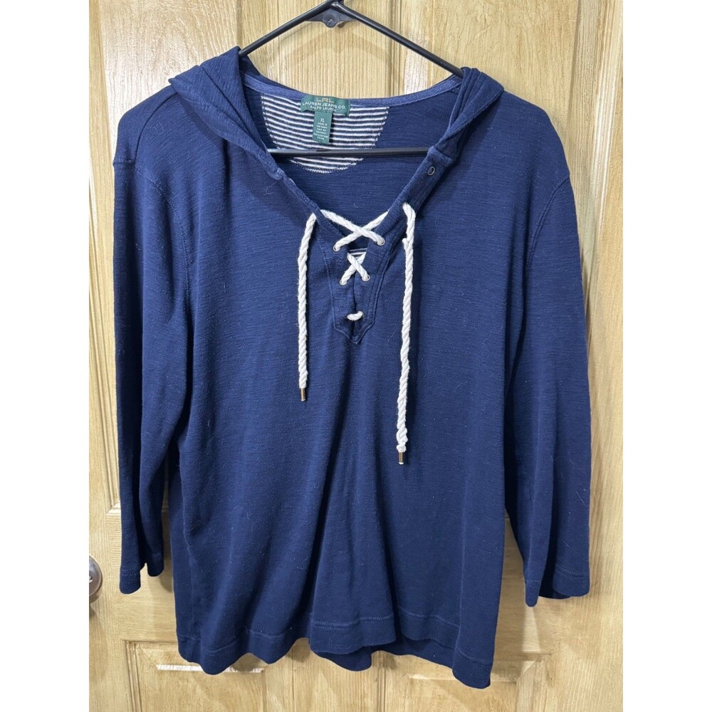 Lauren Jeans Co Ralph Lauren Womens XL Navy Lace Up Hoodie Cotton Nautical Top